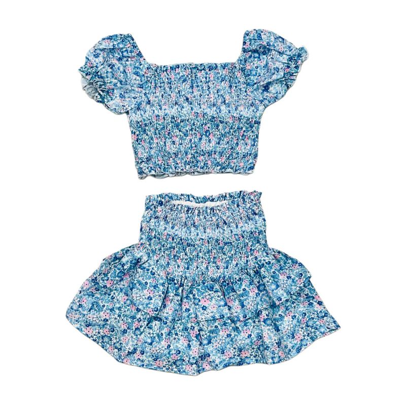 blue &amp; pink ditsy smocked skirt set