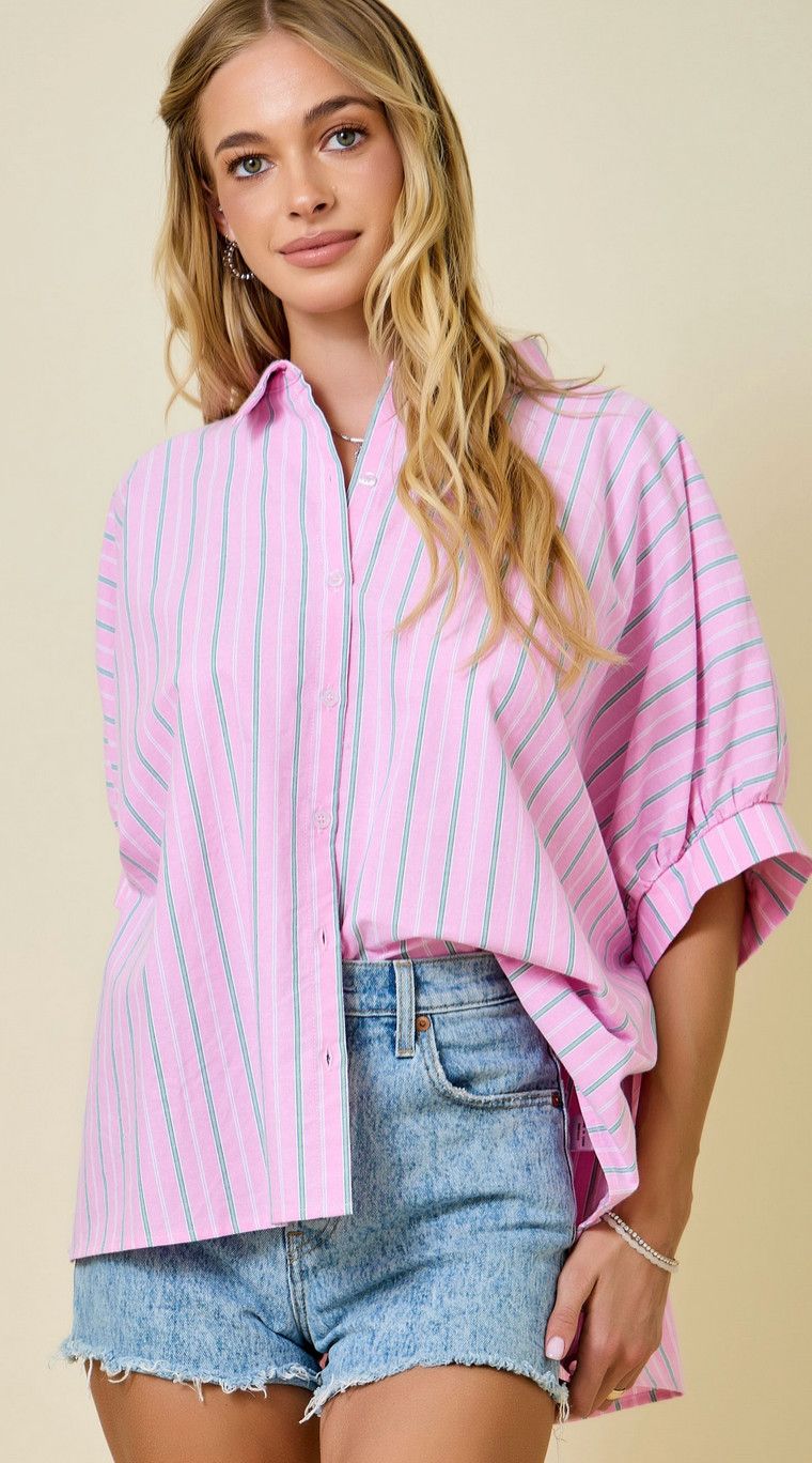 multi stripe button down- pink