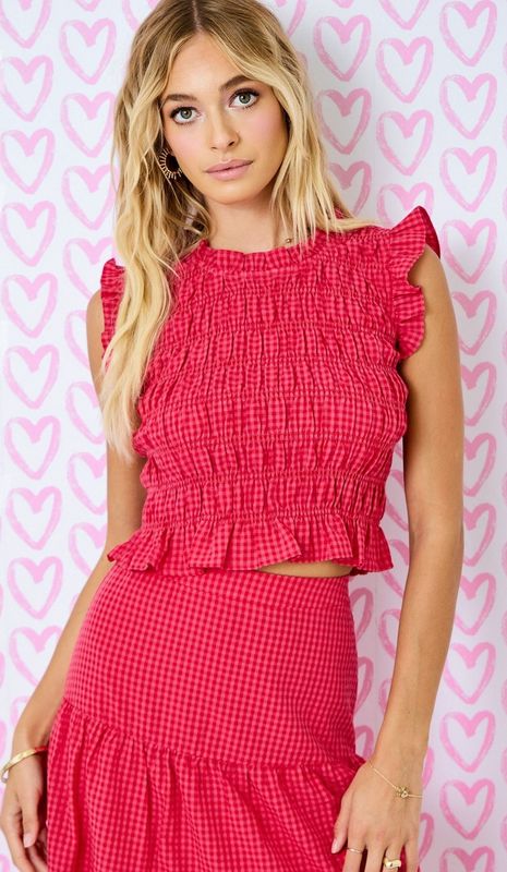 flirty gingham maxi set- red/pink
