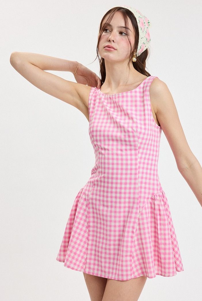 checker boat neck mini dress