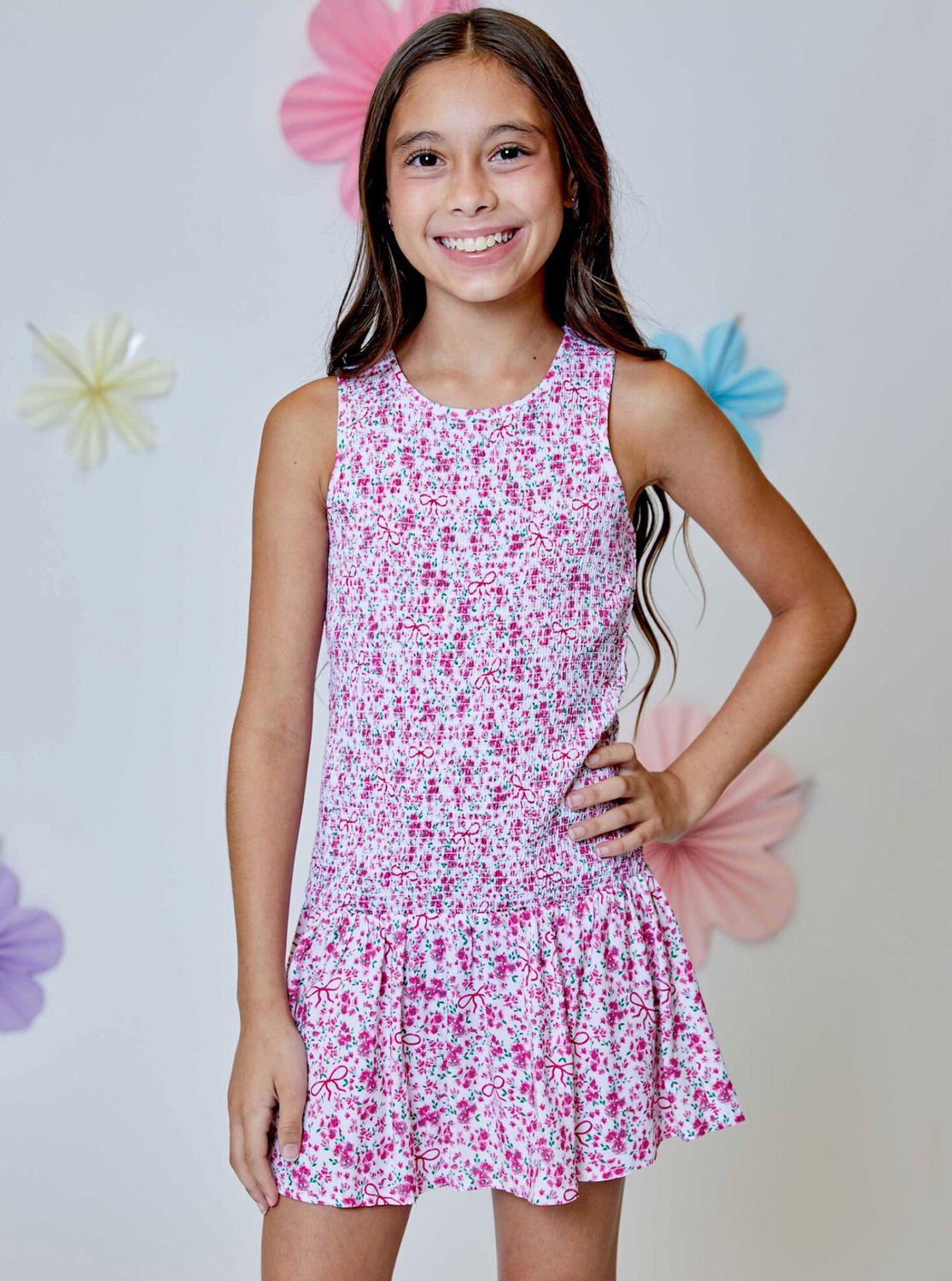 smocked dress- bow floral pink