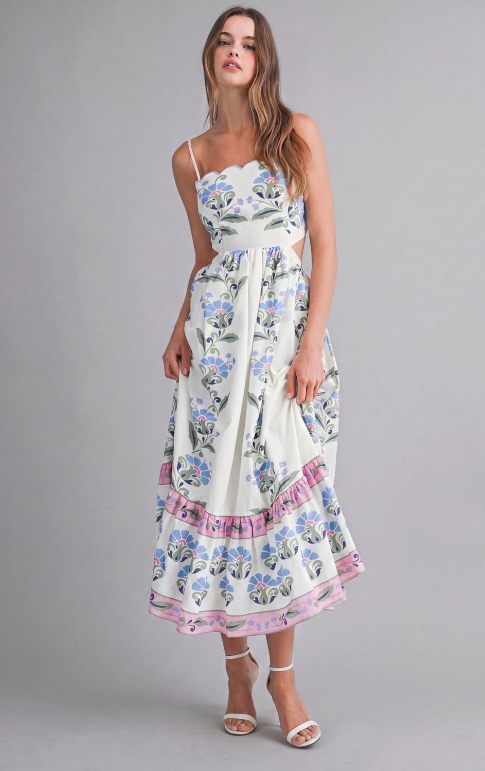 scallop floral brunch midi dress