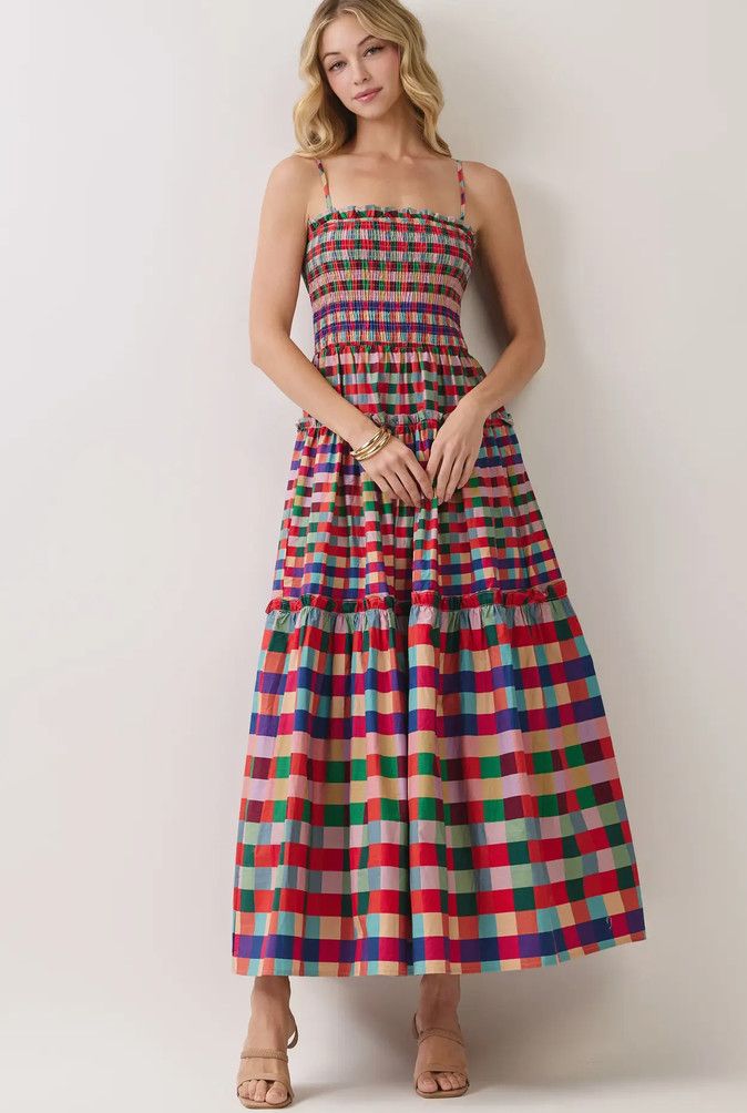 colorful plaid tiered maxi