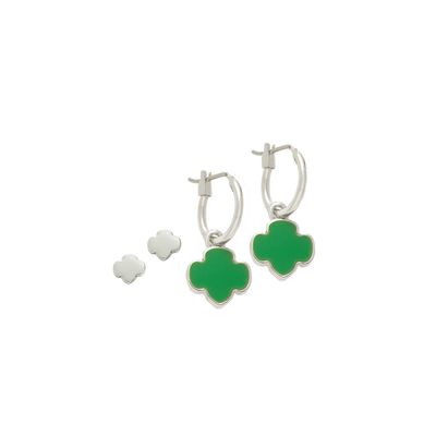 Trefoil Charm Hoop and Stud Earring Set - Silvertone