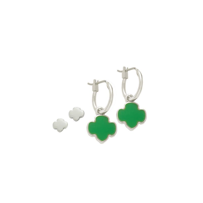 Trefoil Charm Hoop and Stud Earring Set - Silvertone