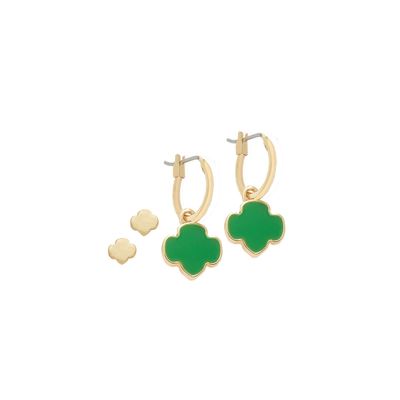 Trefoil Charm Hoop and Stud Earring Set - Goldtone