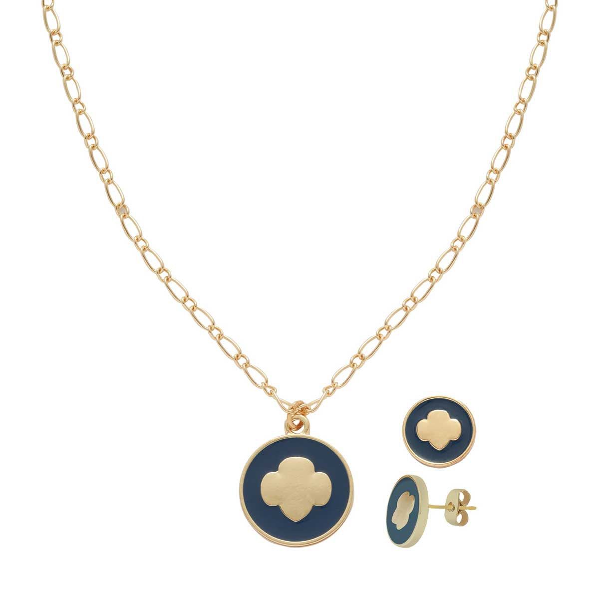 Gold Navy Trefoil Necklace and Earring Set