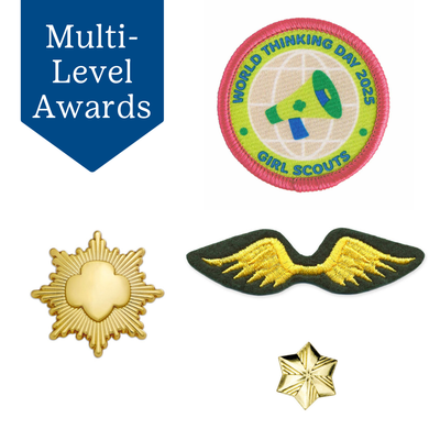 Shop for Multi-Level awards that can be earned by more than one Girl Scout age level. Includes World Thinking Day, Membership Stars, Bronze Award, Silver Award, Gold Award, Brownie Wings, and more!