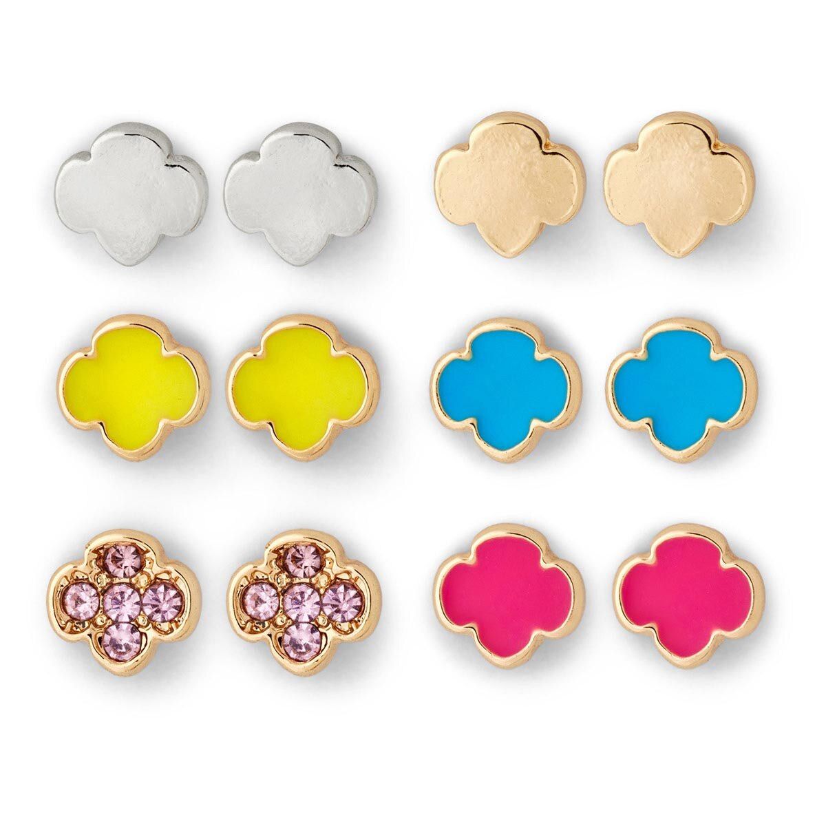 Multicolor Trefoil Stud Earring Set - 6 Pairs
