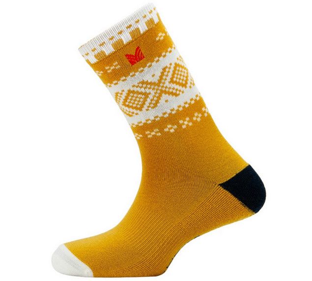 DALE OF NORWAY Cortina Socks Crew Cut, Color: Mustard Off White Dark Charcoal, Size: LG