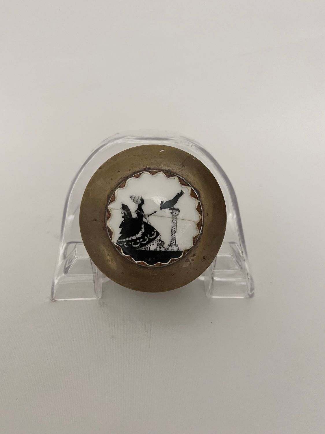 Vintage Collectible ROUND Snuff,Pill, Brass Metal Trinket  BOX WITH Inlay 2 3/4"