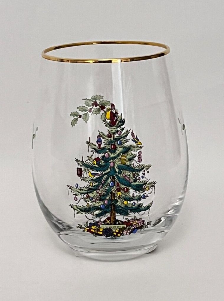 Christmas Tree 19 OZ Stemless Wine Glass GOLD TRIM