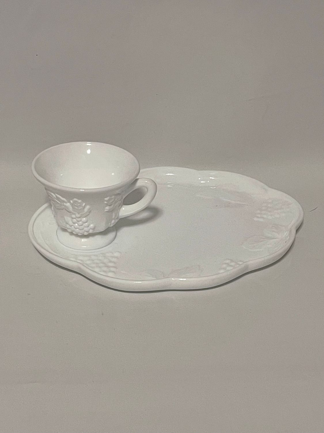 MILK GLASS  SNACK PLATE AND CUP