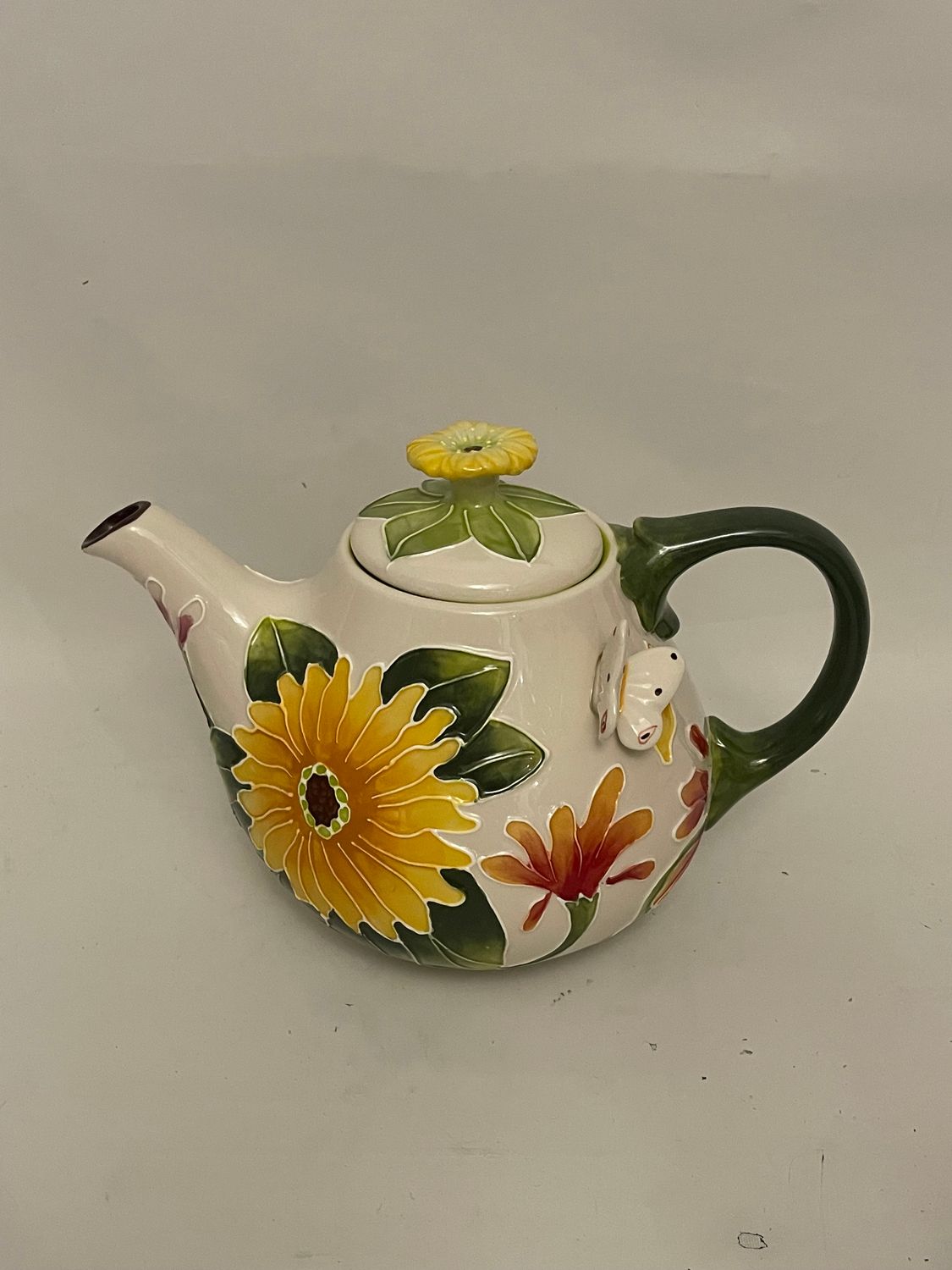 FLOWERS AND BUTTERFLY  TEAPOT 7"