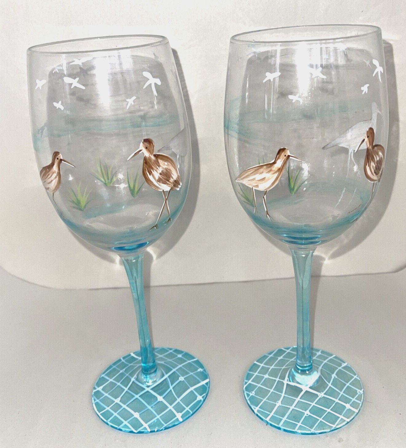 HAND PAINTED GOBLETS SAND PIPERS SET OF 2