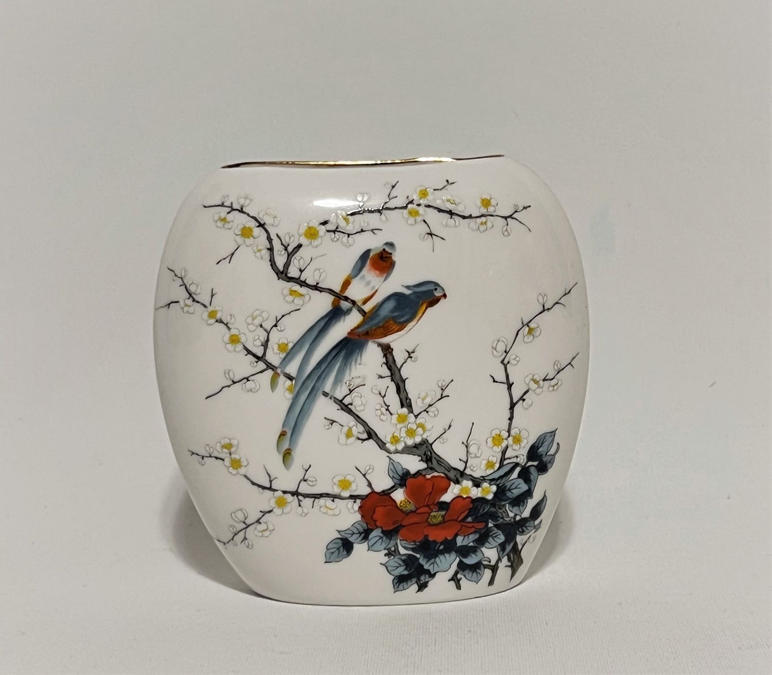 JAPANESE VASE BIRDS &amp;  BLOSSOMS OVAL 4.5"