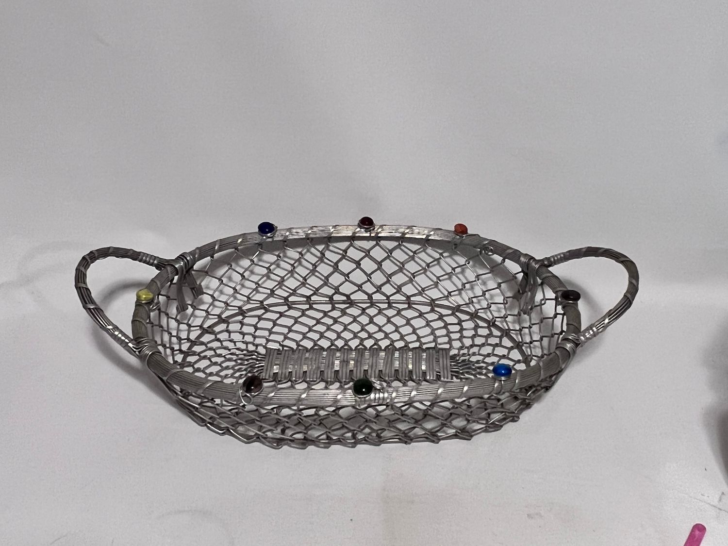 ANTIQUE METAL GLASS BEAD BASKET 17" OVAL