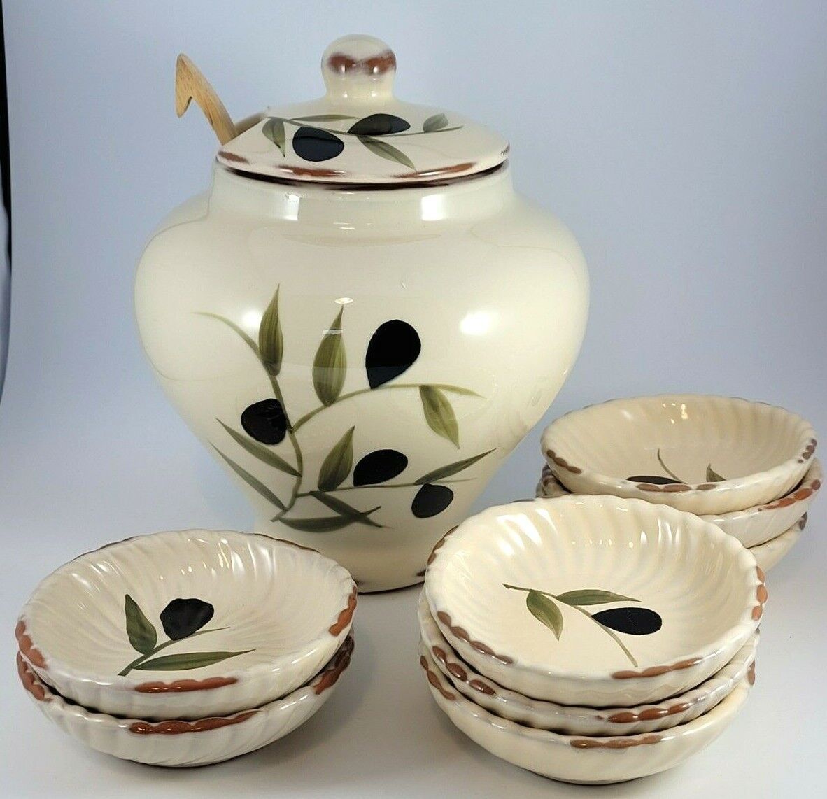 BLACK OLIVE (1) OIL JAR &amp; (8) DIPPING BOWLS