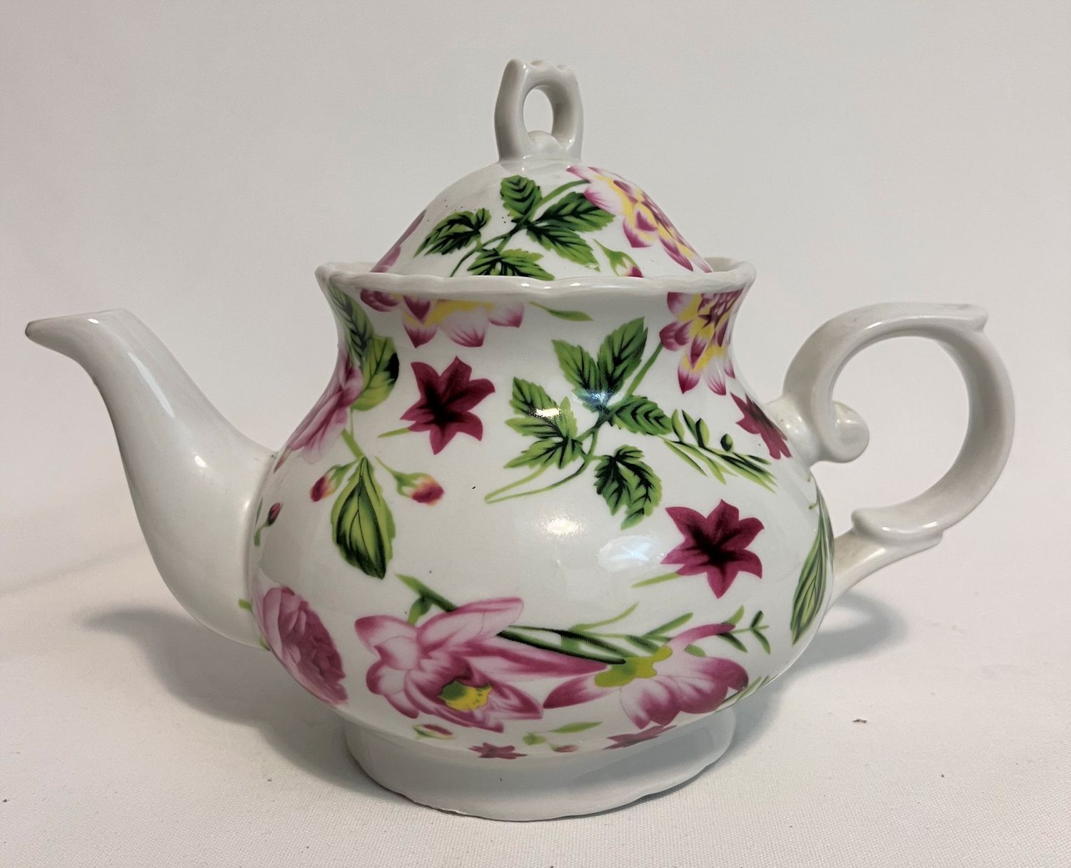 IRONSTONE WHITE W/ PINK FLORAL TEAPOT