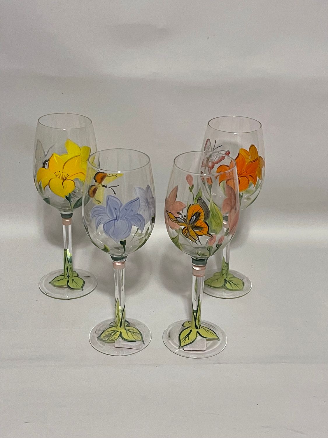 LILIES HANDPAINTED WINE WATER GOBLET 9" SET OF 5