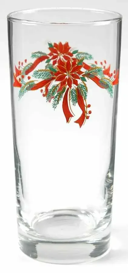 POINSETTIA &amp; RIBBONS HIGHBALL GLASS 6"