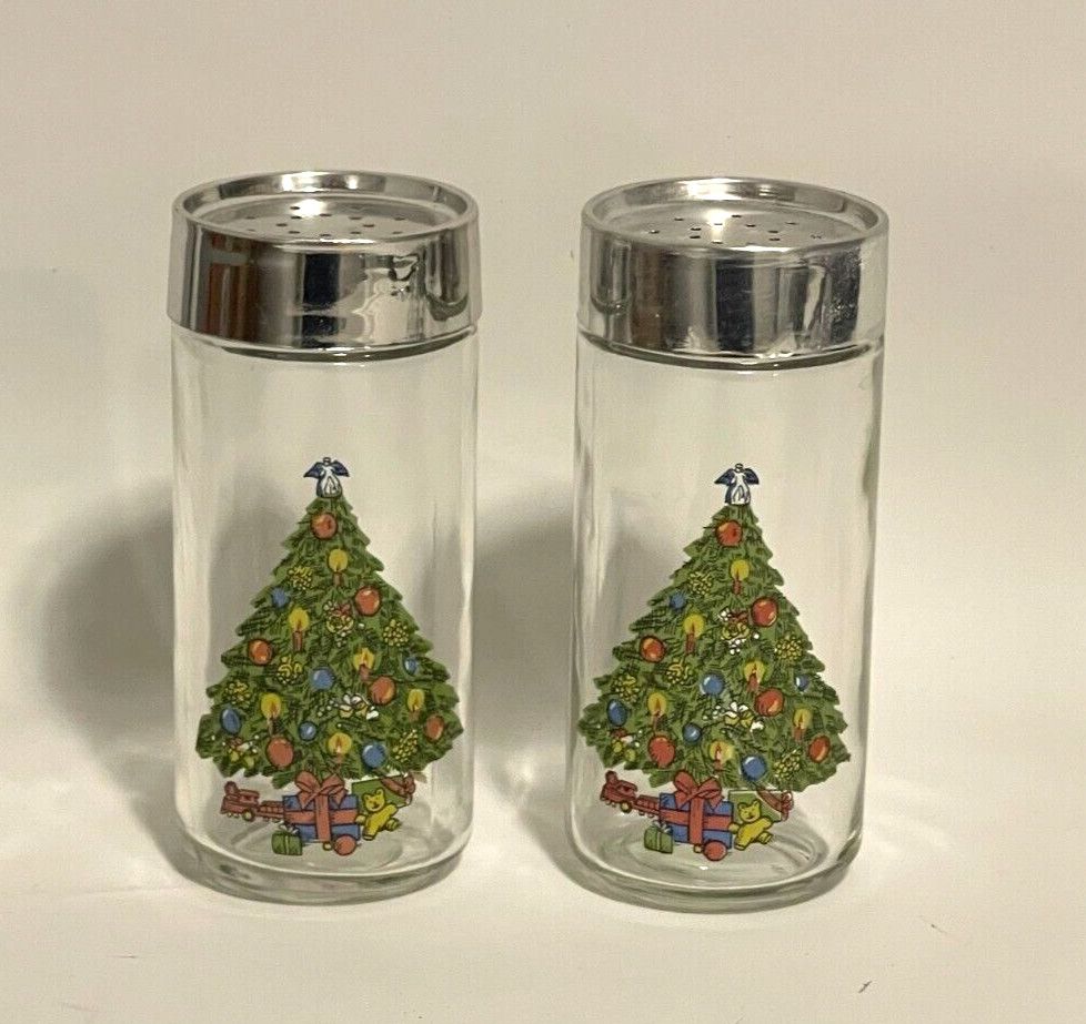 CHRISTMAS TREASURE GLASS SALT AND PEPPER SET 4 3/4"