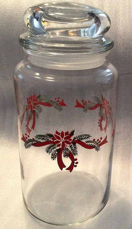 POINSETTIA &amp; RIBBON STORAGE JAR GLASS 8 1/2"
