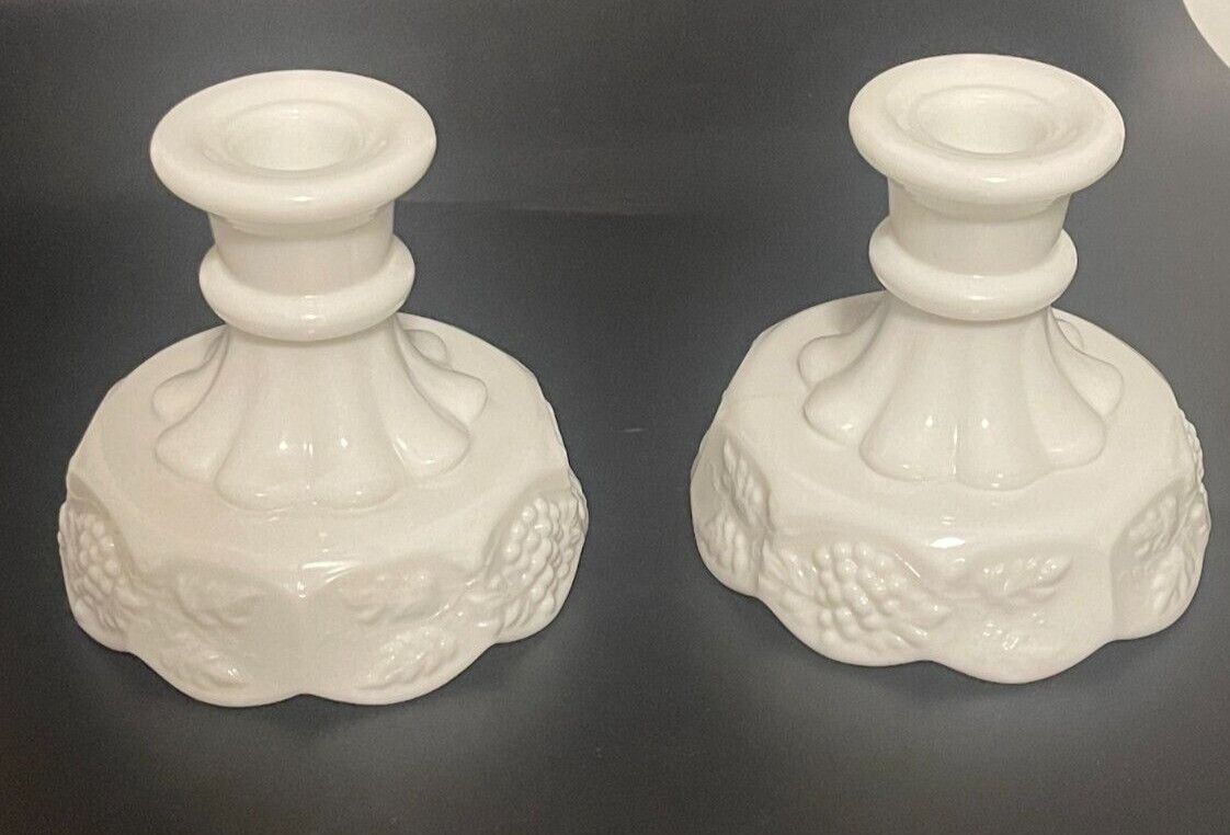 PANELED GRAPE MILK GLASS CANDLE STICK SET