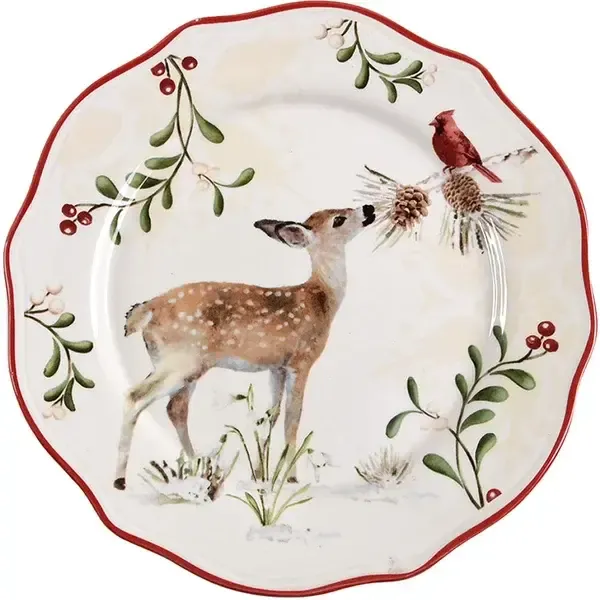 WINTER FOREST SALAD PLATE DEER/CARDINAL