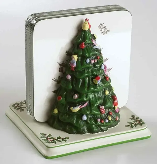 CHRISTMAS TREE GREEN(RED)TRIM COASTER &amp; HOLDER SET