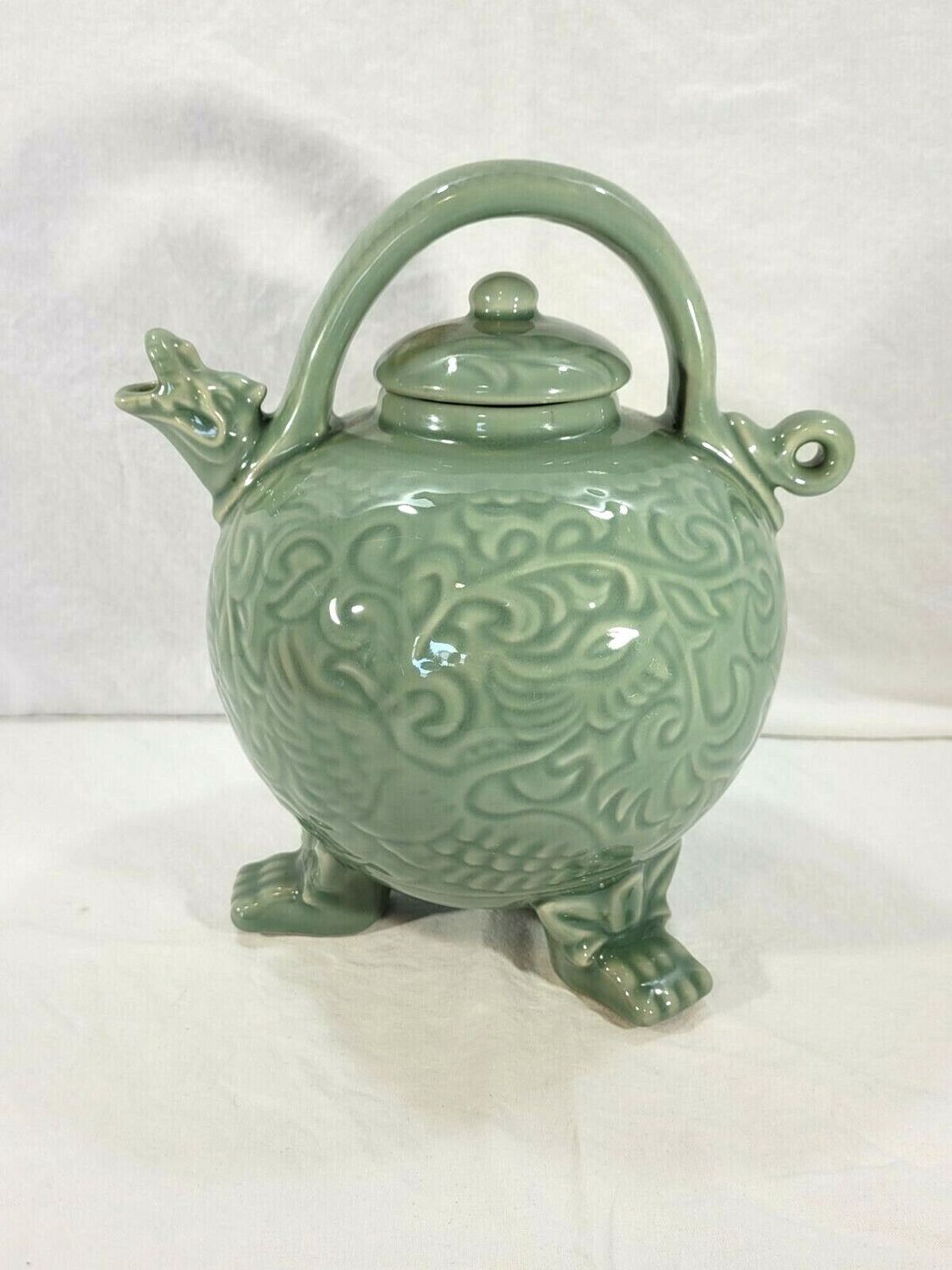 CELADON DRAGON SWIRL TEAPOT 10"