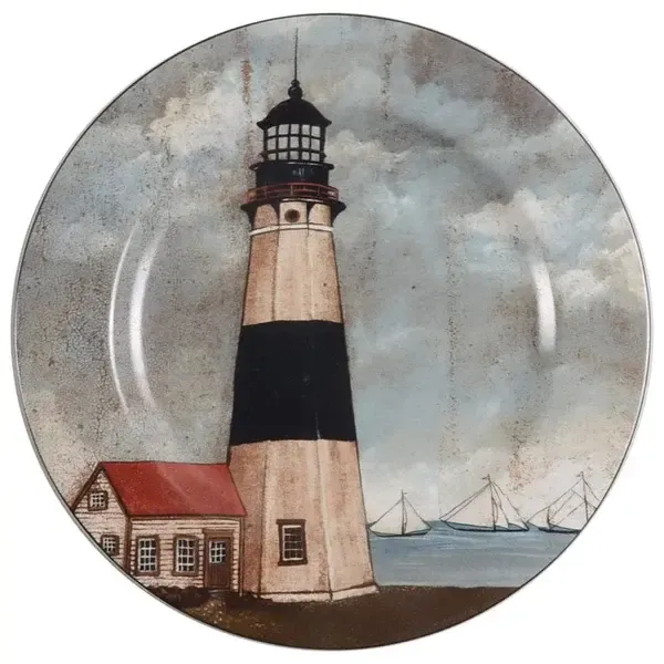 BY THE SEA BLACK/WHITE LIGHTHOUSE SALAD PLATE 8 1/4&quot;