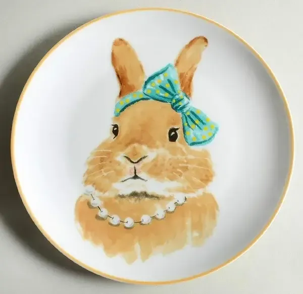 BUNNY FACES SALAD PLATE PEARLS &amp; BOW