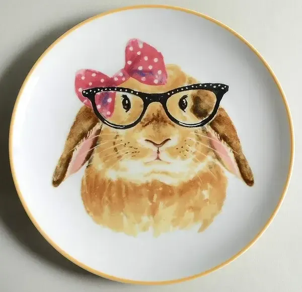 BUNNY FACES SALAD PLATE BOW &amp; GLASSES