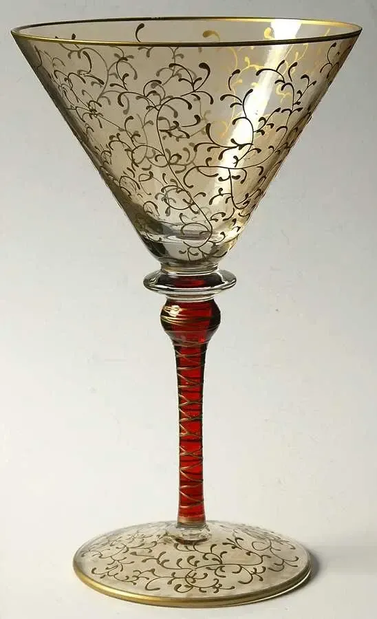 RUBY GOLD SCROLL MARTINI GLASS  7 7/8"