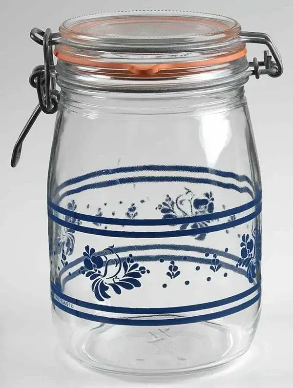 FOLK ART MEDIUM GLASS STORAGE JAR 6 1/2' NO RUBBER SEAL