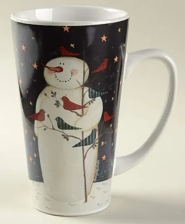 TWILIGHT SNOWMAN GOLD STARS LATTE MUG 5 7/8"