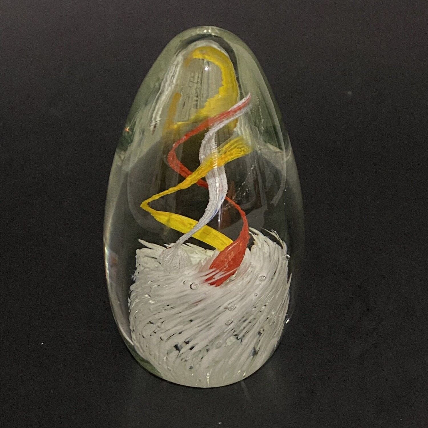 EGG SHAPED PAPERWEIGHT SWIRL CLEAR ART GLASS