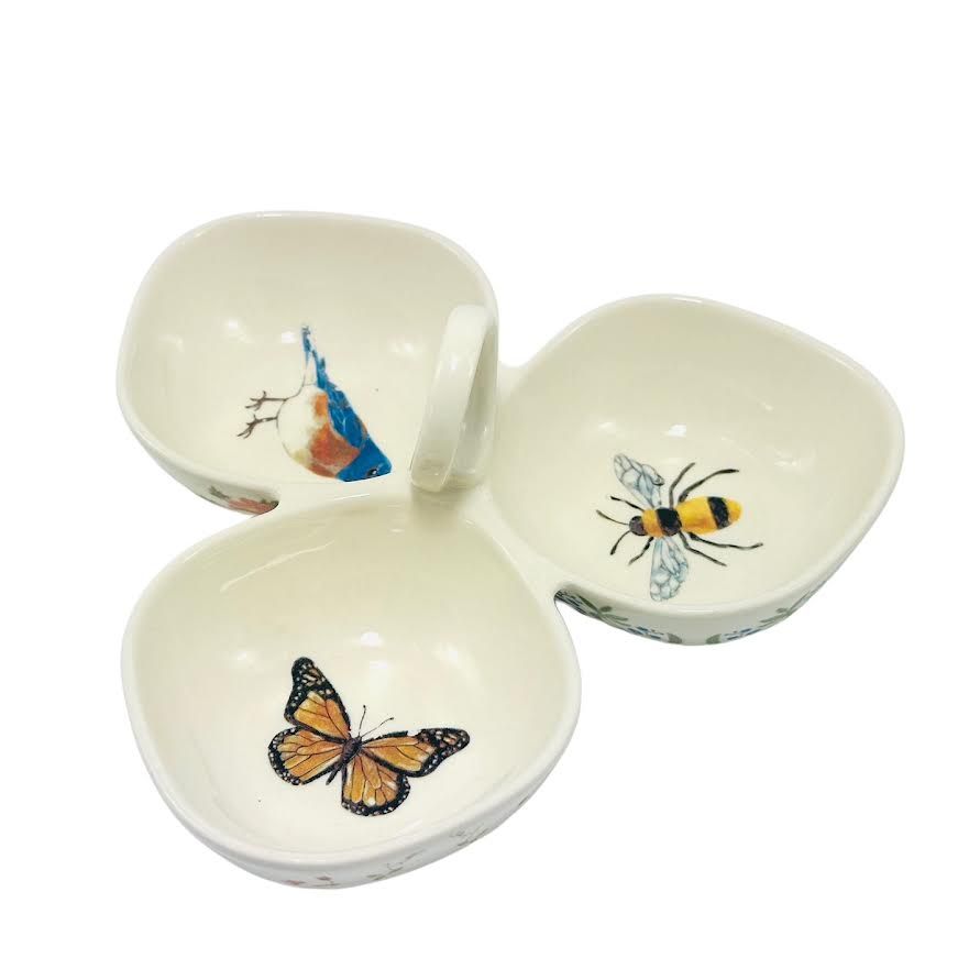 INSECT/ BIRD/ BUTTERFLY 3 DISH STONEWARE WITH HANDLE