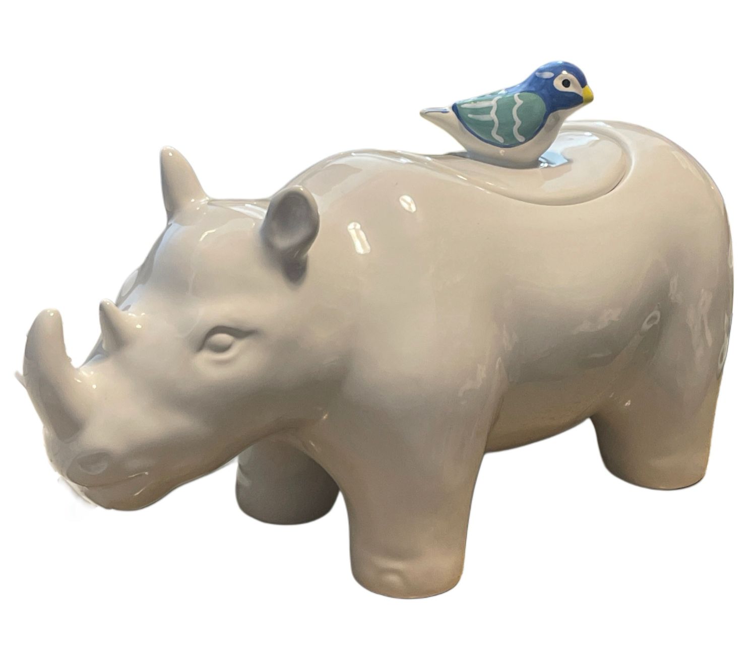 RHINOCEROS WITH BIRD COOKIE JAR WHITE