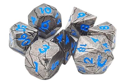 7 Piece DnD RPG Metal Dice Set: Orc Forged - Ancient Silver w/ Blue
