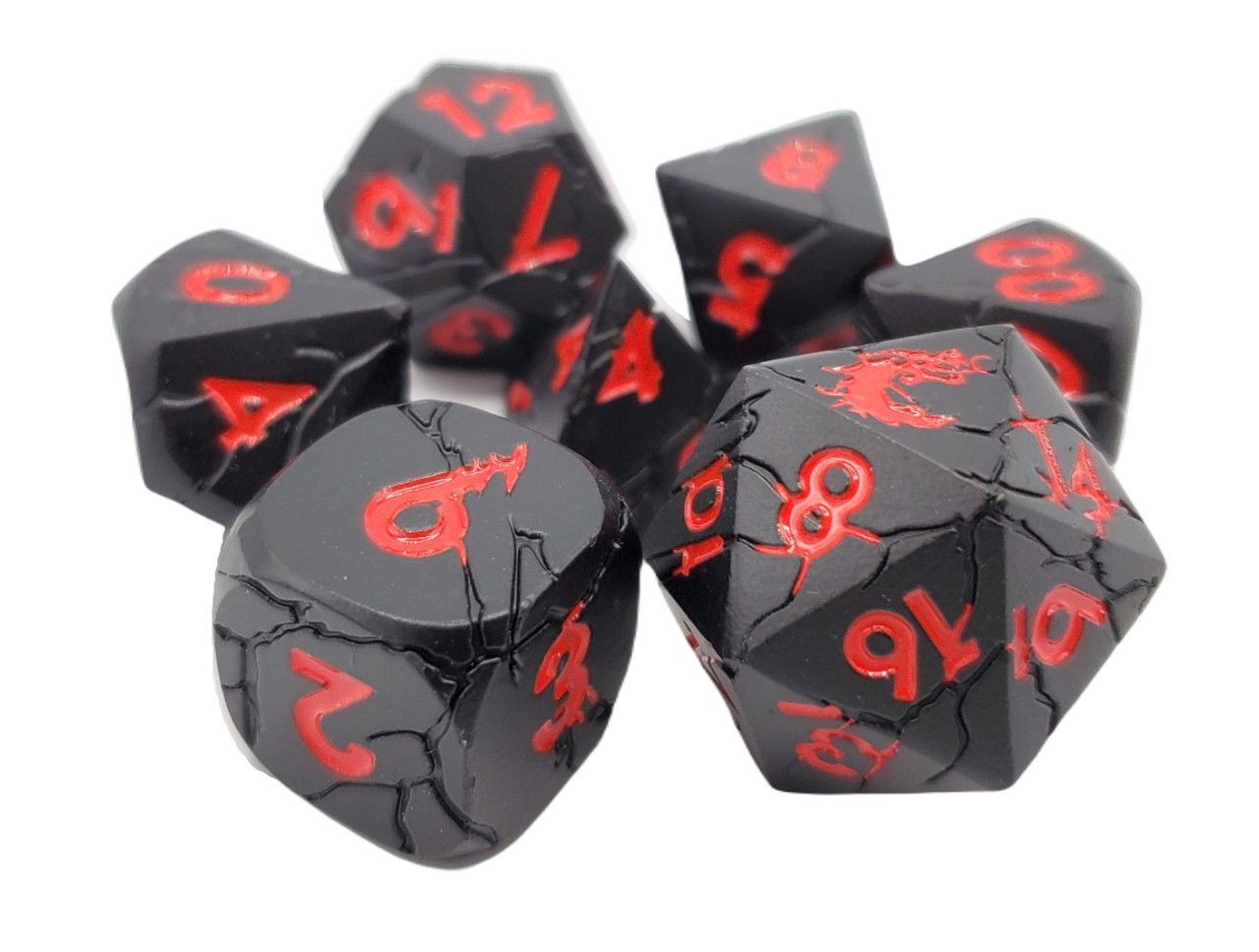 7 Piece DnD RPG Metal Dice Set: Orc Forged - Matte Black w/ Red