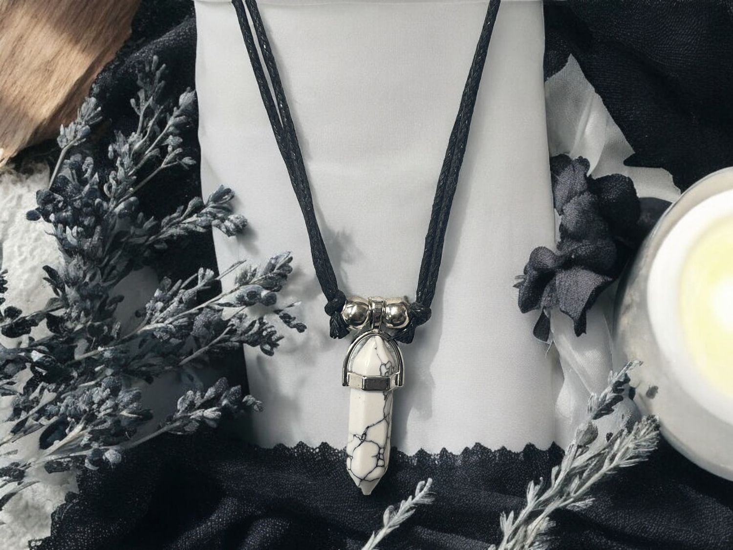 White Howlite Double Pointed Stone Pendant Necklace