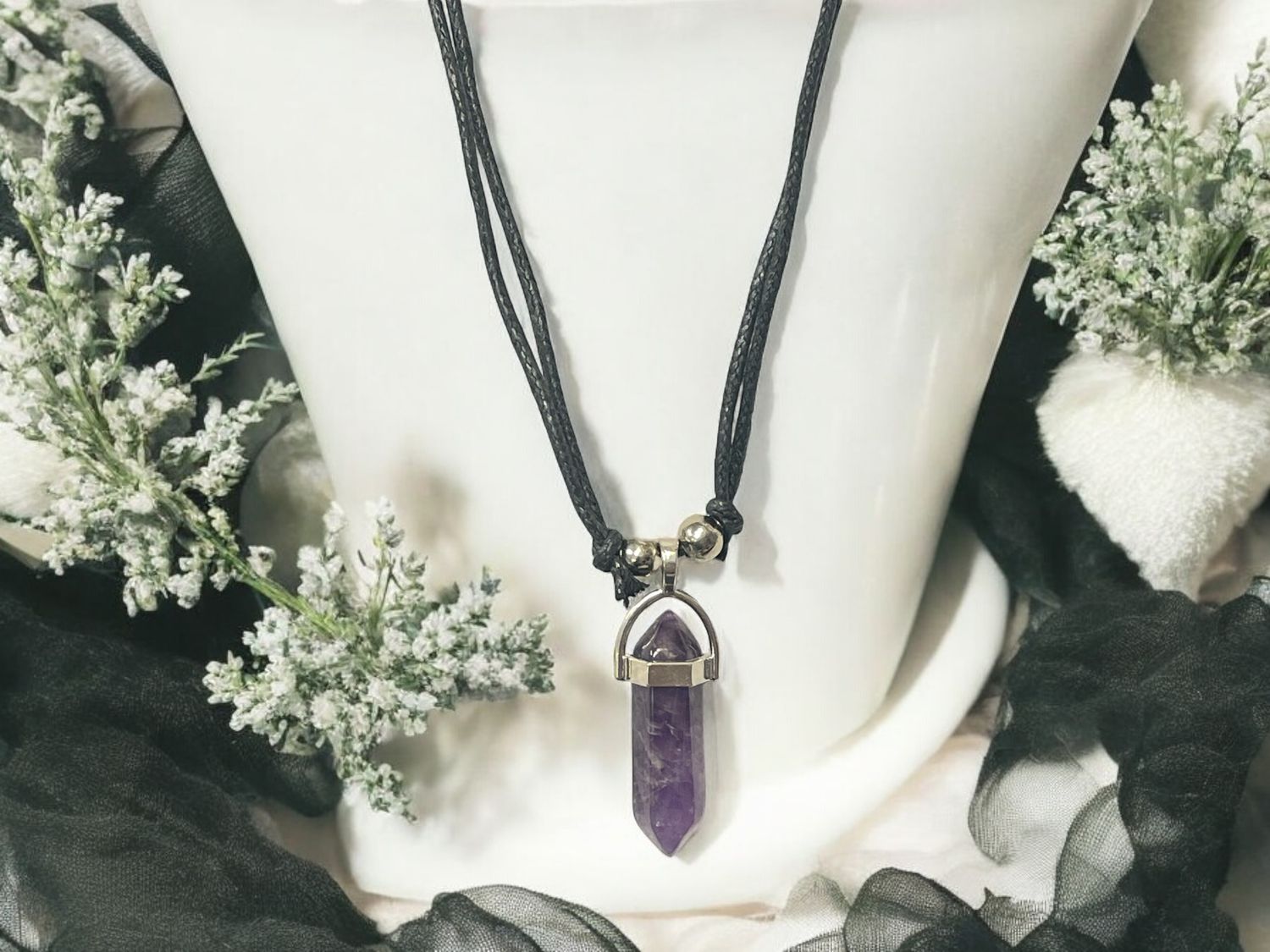 Amethyst Double Pointed Stone Pendant Necklace