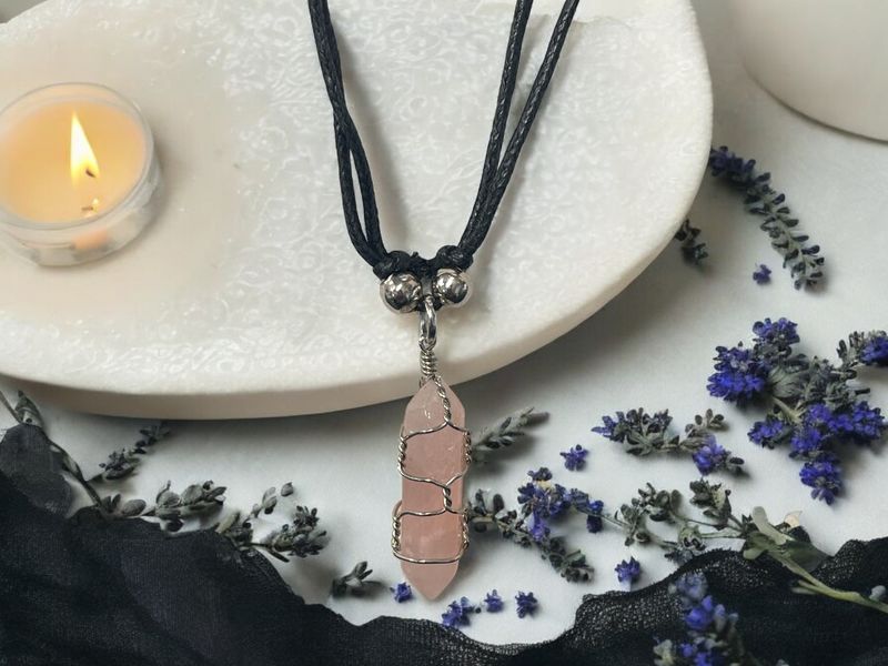 Rose Quartz Double Pointed Wire Wrapped Pendant Necklace