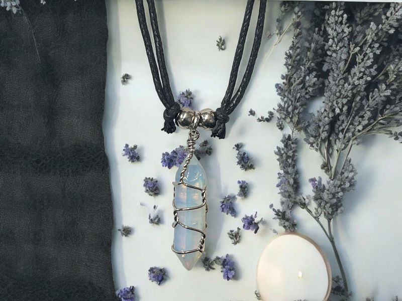 Opalite Double Pointed Wire Wrapped Pendant Necklace