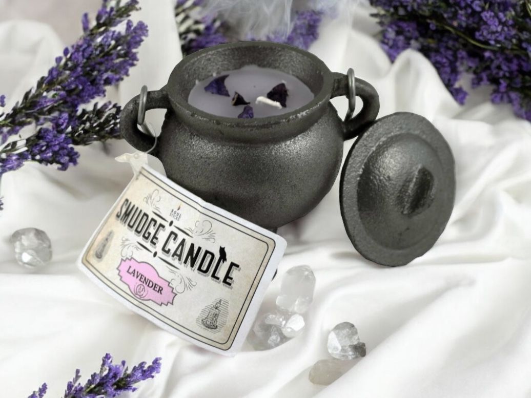 Cast Iron Cauldron with  Lavender Smudge Candle  4&quot;
