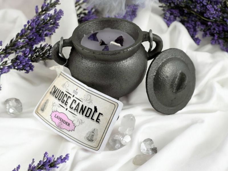 Cast Iron Cauldron with  Lavender Smudge Candle  4&quot;
