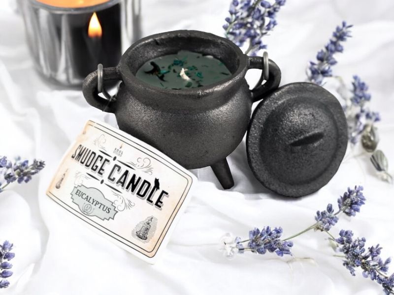 Cast Iron Cauldron with White Sage Smudge Candle 4&quot;