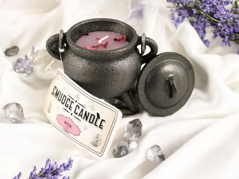 Cast Iron Cauldron with Rose Smudge Candle 4&quot;
